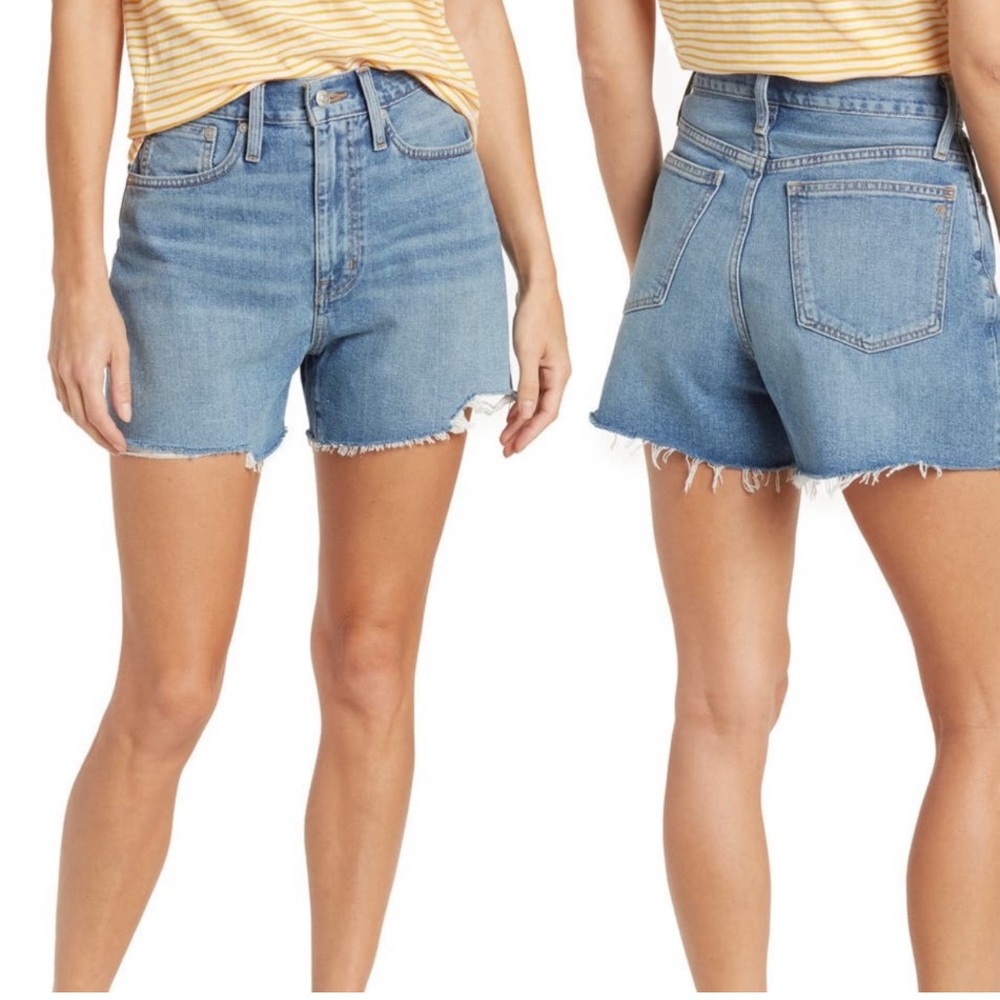 Madewell Women’s High Rise Mom Jean Blue Distress Frayed Denim Cutoff Shorts 28